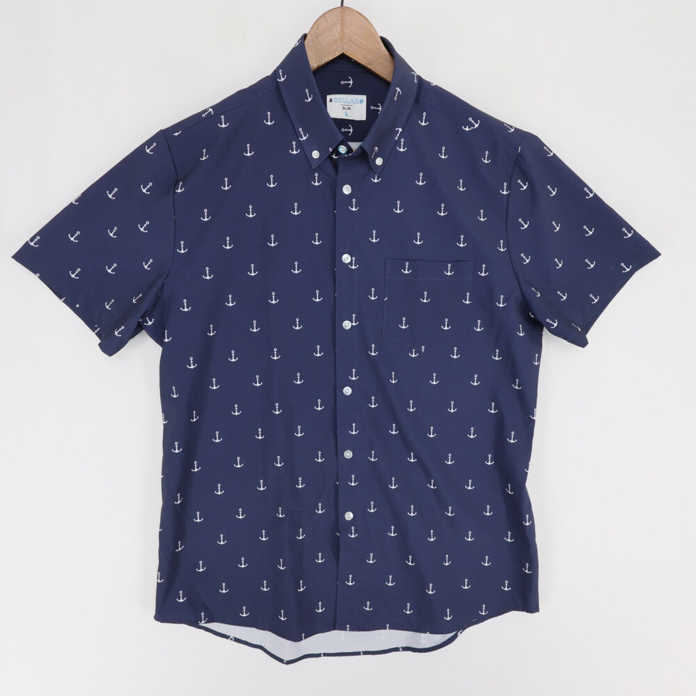 &Collar Range Dress Shirt Mens L Navy Blue Anchor Print Short Sleeve